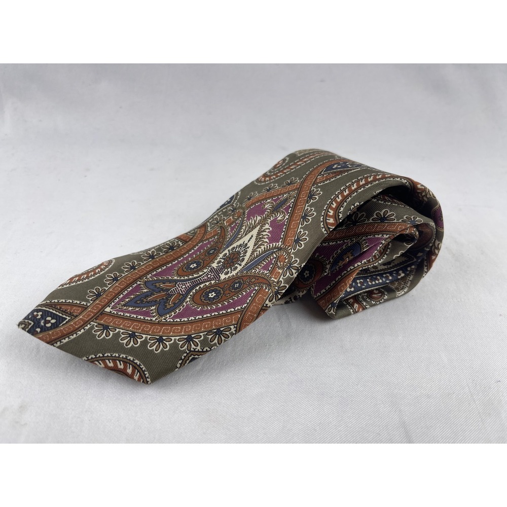 Christian Dior Monsieur Tie Mens OS Olive Paisley Silk Vintage Classic USA Made